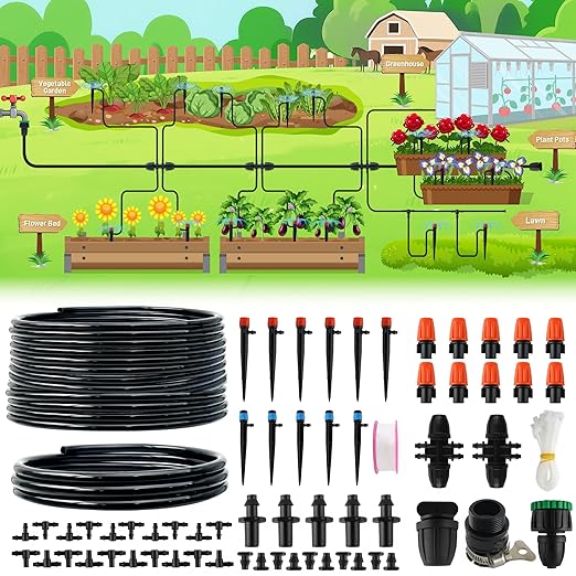 59FT Drip Irrigation System Kit, Garden Watering System with 1/2" 1/4" Tube Hose Adjustable Nozzle Barbed Fittings, Micro Misting Sprinkler System for Plant Lawns Raised Beds Greenhouses