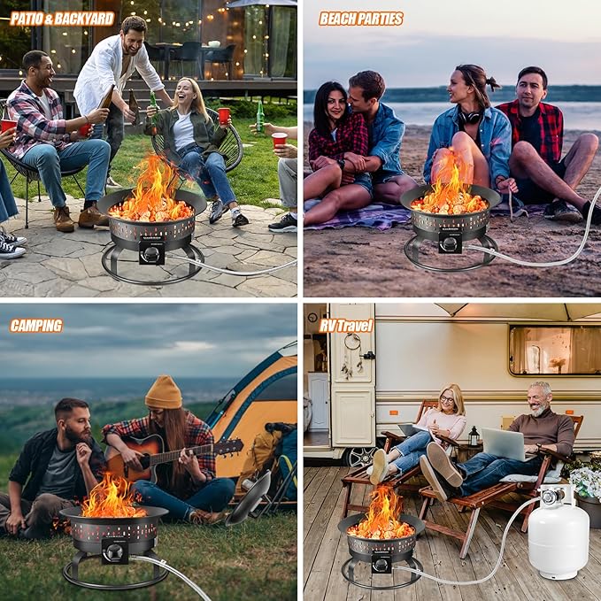 19″ Outdoor Portable Propane Fire Pit with Grill Grate, Cover&Carry Handle,Fireplace,60,000 BTU Propane Firepit,Portable Gas Fire Pit for Outside Patio, Camping,RV, Smokeless Gas Firebowl