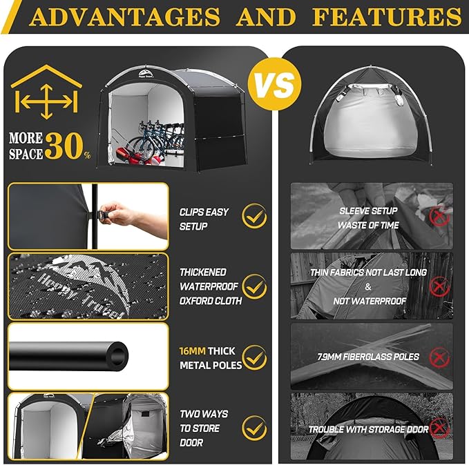 Happy Travel Bike Storage Shed Tent, Waterproof Portable Bicycle Cover with 30% More Top Storage Space for 2/3/4/5 Bikes,Clips Easy Setup Outdoor Sheds Shelter for Motorcycle, Garden Tools, Lawn Mower