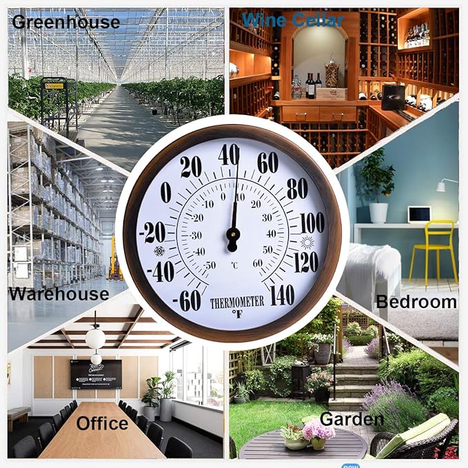 12" Large Outdoor Thermometer - Garden Thermometer Outdoor Decorative, Weather Thermometer Indoor Outdoor with Stainless Steel Enclosure, No Battery Needed