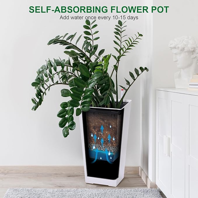 GarveeLife 22.5 in Tall Planters Set of 2, Outdoor&Indoor Black Planter Pots, High Front Porch Planter Pots with Drainage Holes&Water Level Monitor&Inner Bucket, Automatic Watering, White
