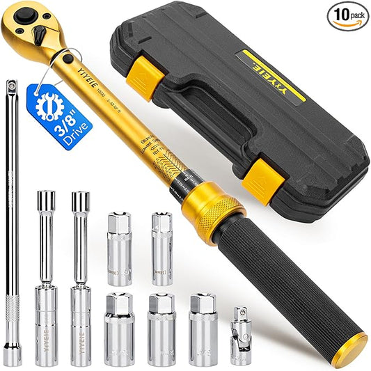 10PCS Full Magnetic Spark Plug Socket Set with 3/8" Drive Torque Wrench (5-50 FT.LB/6.8-67.8Nm), Swivel Magnetic Spark Plug Removal Kit Includes 14, 16, 18mm& 9/16, 5/8, 3/4, 13/16 Inch Sockets