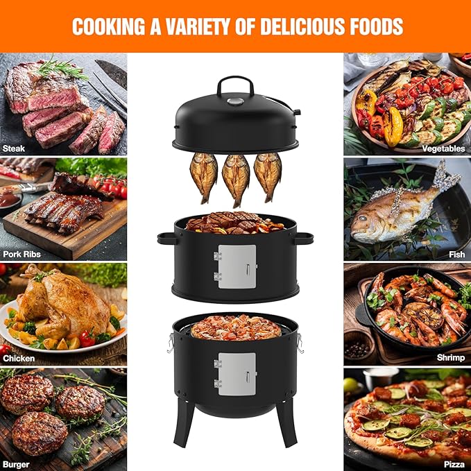 16" Charcoal Smoker, 3 in 1 Heavy Duty Vertical Barbecue Grill, Outdoor Fire Pit 402 Square Inches Cooking Area, Versatile Outdoor Smoker Grill, Black