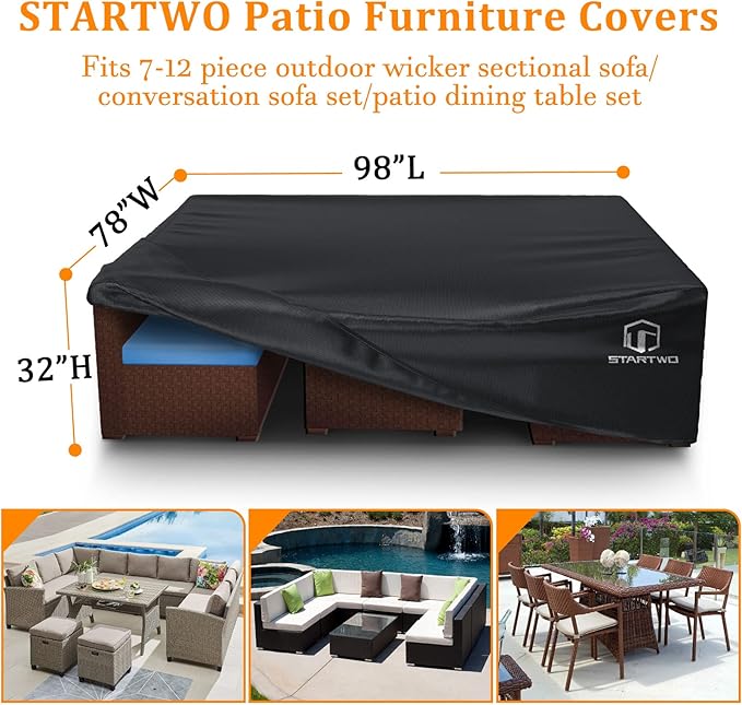 STARTWO Patio Furniture Covers Waterproof, Anti-UV Tear-Resistant 500D Heavy Duty 7-12 Seats Outdoor Furniture Cover for Sectional Sofa, Patio Table Cover, 98"x78"x28", Black