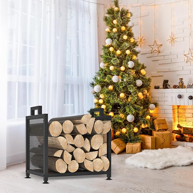 Firewood Rack for Indoor, Heavy Duty Fire Wood Racks Holder, 17.32" Metal Wood Storage Log Holder with Leather Carrier, Small Firewood Stand for Fireplace Patio Deck, Black