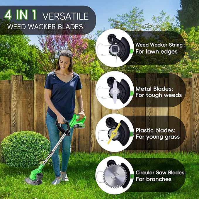 Cordless Weed Wacker Battery Powered,4-in-1 Grass Trimmer/Brush Cutter with 4 Types Blades, 21V Weed Electric Eater with 3.0Ah Battery*2 for Lawn Care and Yard Work