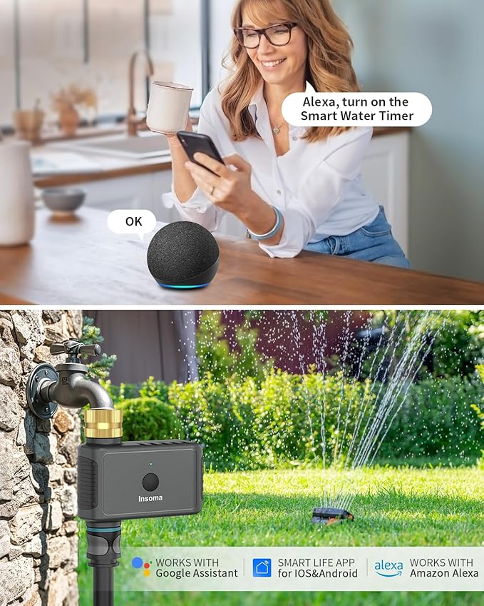 WiFi Water Timer Brass Inlet, 2.4GHz Smart Sprinkler Timers, 1 Zone Hose Timer with WiFi Hub, Voice/App Control with Alexa & Google Assistant, Auto/Manual Watering, Rain Delay, for Garden, Yard, Lawn