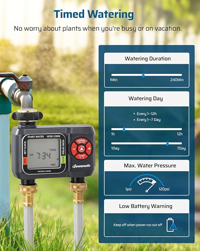 DEWENWILS 2-Zone Water Hose Timer – Programmable Sprinkler Timer with Rain Delay, Manual Watering & Auto Irrigation for Garden, Yard, or Lawn