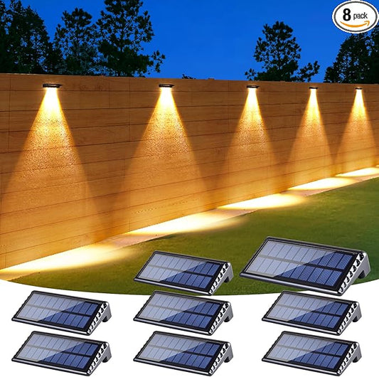 Solar Fence Lights Outdoor Waterproof LED,4LEDs Focus Lens Solar Wall Lights,Auto ON Off Warm White Outdoor Lights for Patio,Deck,Fence, Step,and Railing,Backyard Decor (8Pack)