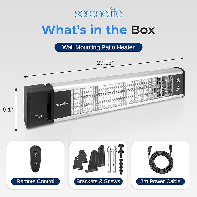 SereneLife Infrared Patio Heater, Wall-Mounted Electric Heater with Remote, 1500W, IP65 Approved, Odorless, Indoor/Outdoor for Patio, Restaurant, Backyard, Garage, Decks
