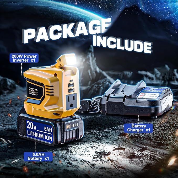 200W Power Inverter Compatible with Dewalt 20V Max, Battery Inverter DC 20V to AC 110V-120V, Portable Power Adapter with a 5AH Battery & a Charging Station & 2 USB-A & 1 Type-C & 1 AC Outlet