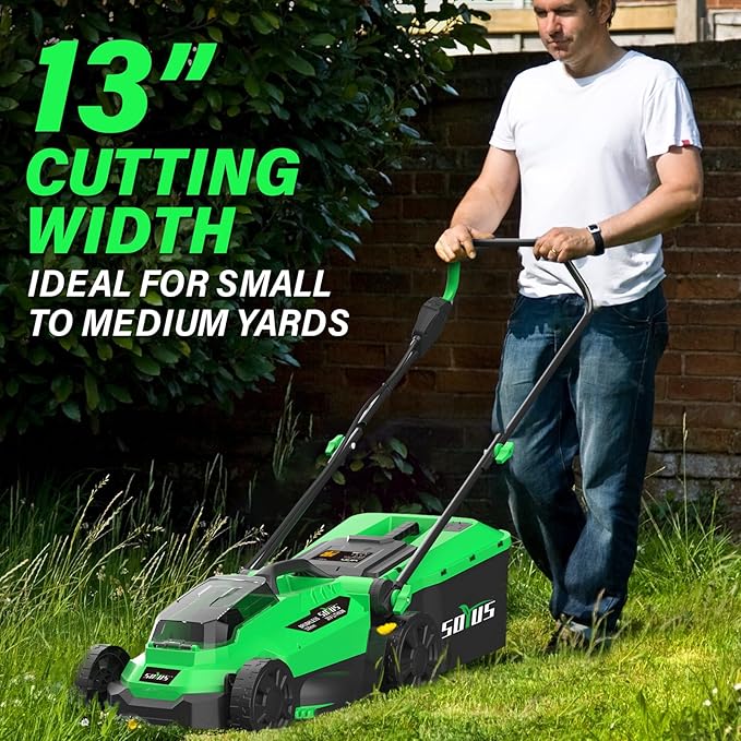 SOYUS Electric Lawn Mower Cordless, 13 Inch 20V Lawn Mowers with Brushless Motor, 2-in-1 Lawn Mower, 5-Position Height Adjustment, 4.0Ah Battery & Charger Included