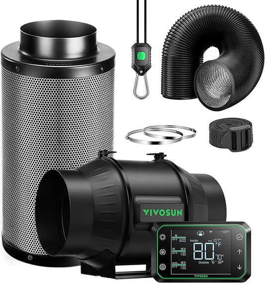 VIVOSUN Smart Air Filtration PRO T6 Kit 6", AeroZesh T6 Inline Duct Fan w/GrowHub E42A Temp. Humidity WiFi-Controller, Carbon Filter & Ducting, Cooling & Ventilation System for Grow Tent, Hydroponics