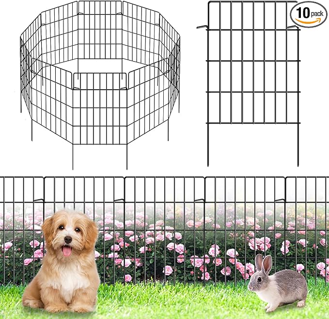 10 Pack Garden Fence Animal Barrier Fencing 1.44 inch Spacing Total 10.8ft (L) x 24in High Rustproof Metal Wire Yard Blocker Dog Fences Border for Outdoor Flower Bed Landscape Fencing Decor Black