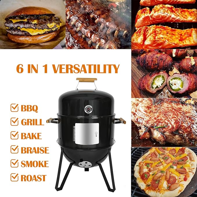 Realcook BBQ Charcoal Smoker Grill: Heavy Duty 17 Inch Vertical Meat Smokers - Porcelain-Enameled Charcoal Grill Smoker Combo for Outdoor Cooking Backyard Picnic Party Grilling