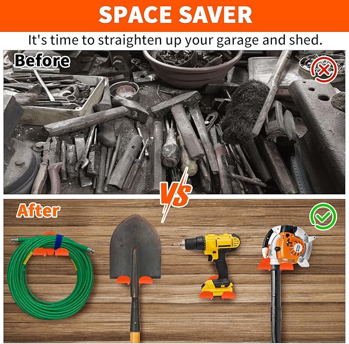 Upgraded Trimmer Rack Wall Mount - 8" Heavy Duty Weed Eater Hanger for Garage Wall Bracket, Garden Power Tool Holder Organizer Hooks for Grass Trimmer, Hedge Trimmer, Leaf Blower and Chainsaw, 4 Pack
