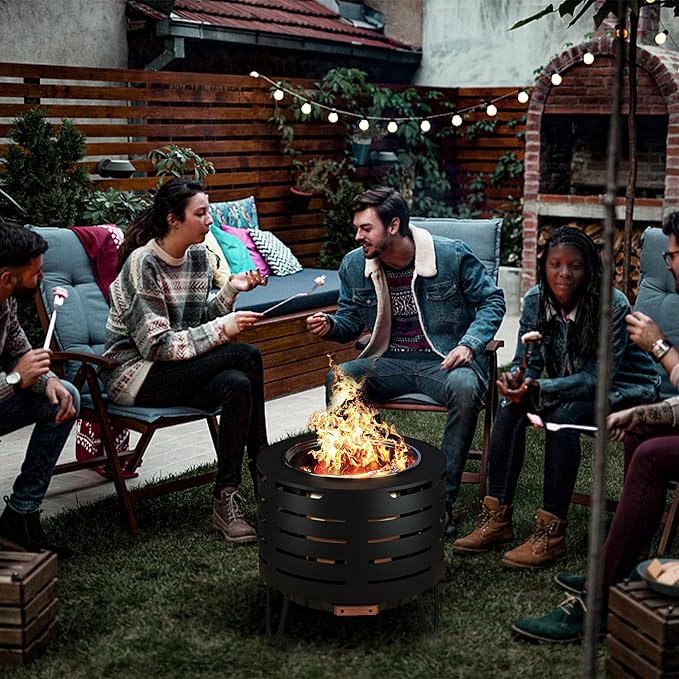 Portable Outdoor Fire Pit Set, 19 Inch Stainless Steel, Silver, Classic Style, Wood Burning, Low Smoke, Includes Fire Poker, Stand, Cloth Cover, Grill Rack