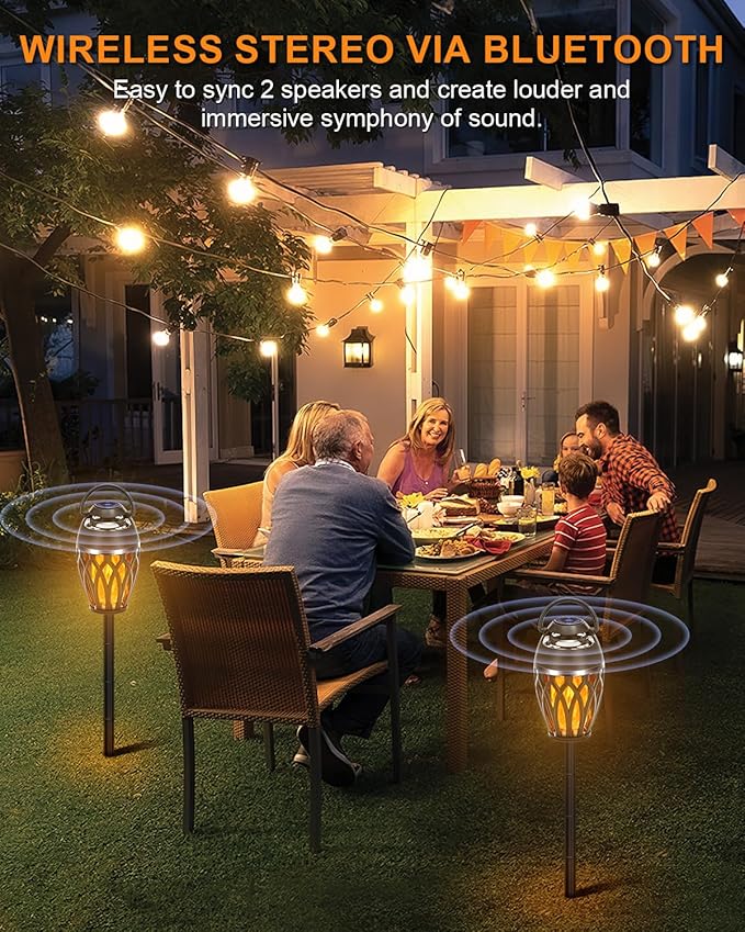 2 Pack Outdoor Bluetooth Speakers,Wireless Speaker with LED Flame Speaker BT 5.0,Waterproof Torch Lantern for Patio Pool Party,Gifts for Women Men