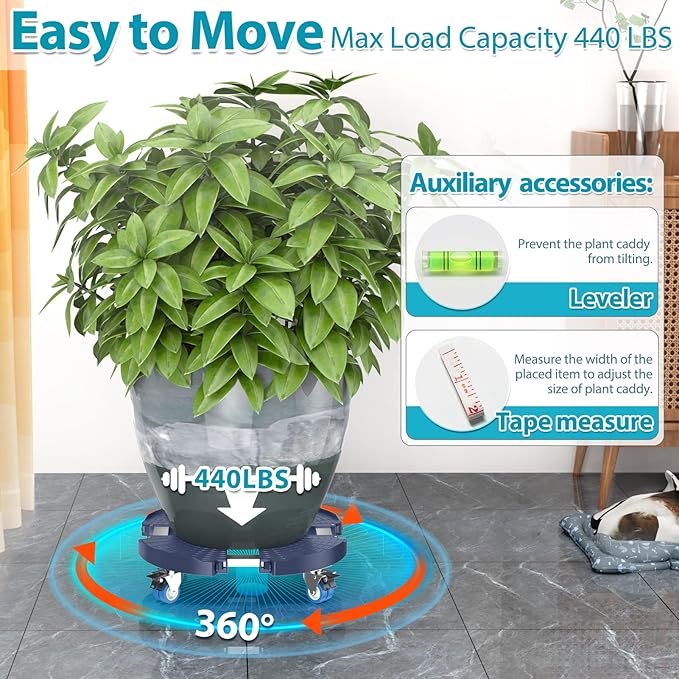 VANCASTLE Plant Caddy with Lockable Wheels Heavy Duty 450lbs Capacity, 15-22 Inch Adjustable Plant Stand with Wheels Rolling base, Plant Dolly for Flower Pot Mover Indoor Outdoor, Blue, 2 Pack