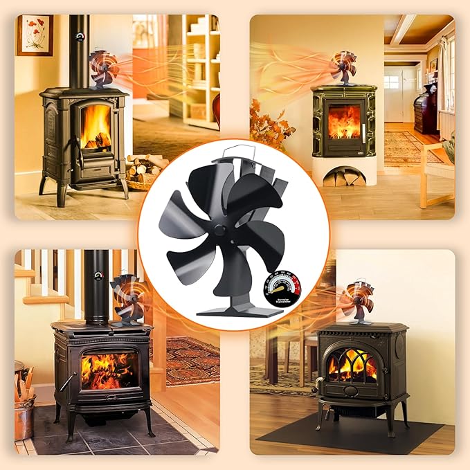 Tomersun Wood Stove Fan Heat Powered Stove Fan Heater Fireplace Fan for/Pellet/Wood Burner/Fireplace, with Thermometer