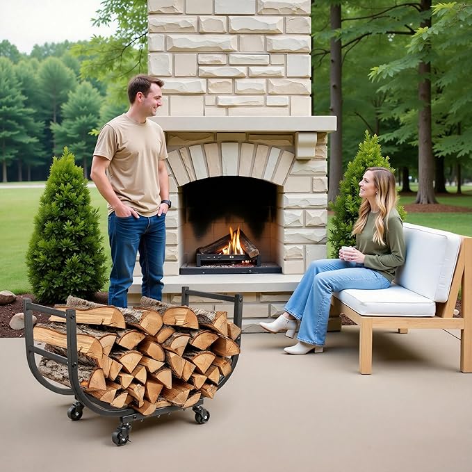 Rolling Firewood Rack with Wheels, 24 Inch Heavy-Duty Indoor Outdoor Log Holder, Wood Storage for Fireplace & Patio, Waterproof & Rustproof