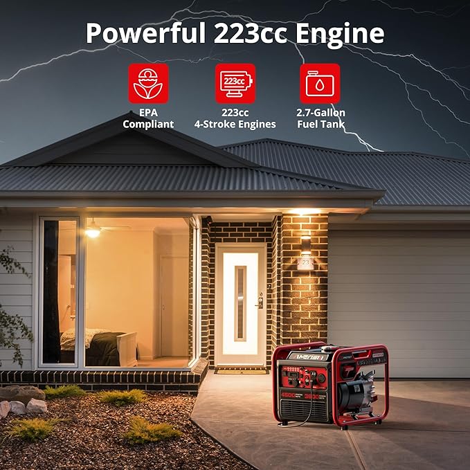 4500W Gas-Powered Inverter Generator, CO-Sensor, Lightweight, Quiet EPA Compliant for Home, Emergency Backup, Camping, Tailgating, 2025 Version