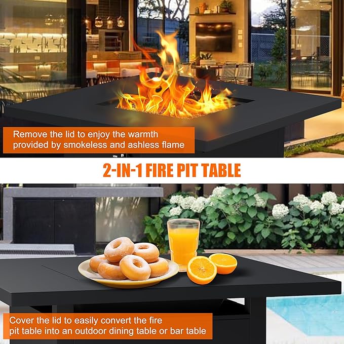 Walsunny 30 inch Outdoor Propane Fire Pit 40,000 BTU Gas Fire Pit Table with Lid & Lava Rock, Waterproof Cover, Square Gas Firepit Table for Garden/Patio, CSA Certification