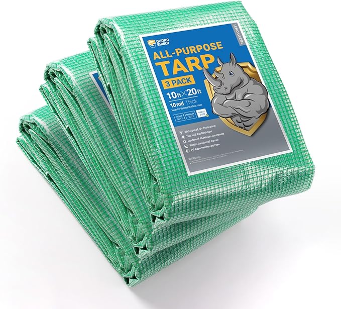 GUARD SHIELD Clear Green Tarp Heavy Duty 10x20 Feet Waterproof for Greenhouse Outdoor Garden Poly Cover UV Resistant 3x3 Weave 10mil (3-Pack)