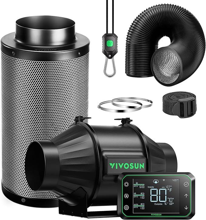 VIVOSUN Smart Air Filtration PRO T4 Kit 4", AeroZesh T4 Inline Duct Fan w/GrowHub E42A Temp. Humidity WiFi-Controller, Carbon Filter & Ducting, Cooling & Ventilation System for Grow Tent, Hydroponics