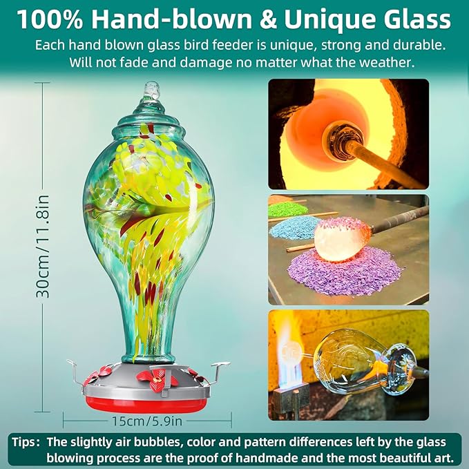 36 oz Hummingbird Feeder for Outdoors Hanging Ant Proof, Stunning Glass Bird Feeder-Leak Proof&All Weather Use, with Hook&Rope&Brush, Outside Garden Yard Window Patio Decor