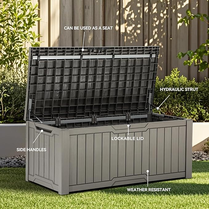 YITAHOME 120 Gallon Resin Deck Box, Weather Resistant Outdoor Storage Box for Patio Cushions, Garden Tools, Pool Supplies, Lockable, Easy Assembly, Extra Seat or Table (Light Brown)