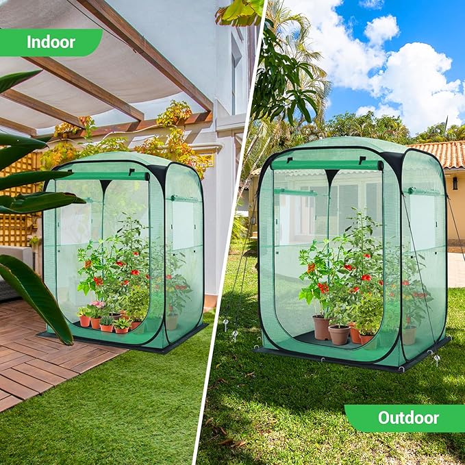 Ohuhu Pop Up Greenhouse for Outdoors, Portable Walk-in Mini Green House with Removable PE Mat & Mesh Window Fast Set-up GreenHouses for Indoor Outside Protecting Plant from Cold Frost & Birds