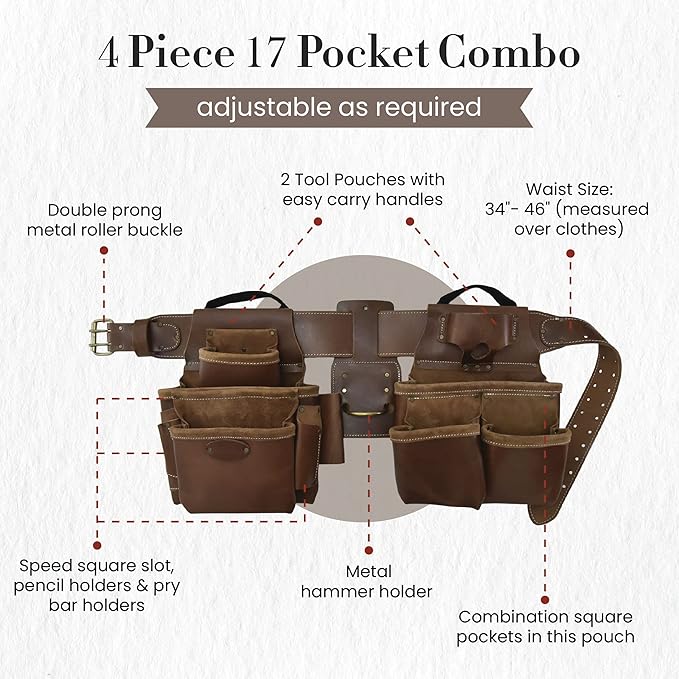 Style n Craft Leather Framer's Tool Belt Combo - 4 Piece Set for Men - Full-Grain Leather with 17 Pockets, Tape Holder & Hammer Loop - Heavy Duty Nylon Stitch - Ideal Carpenter's Tool Belt