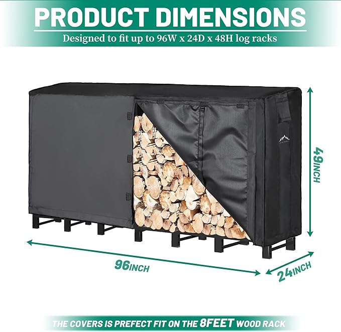 Himal 8ft Waterproof Firewood Cover, Heavy Duty 600D Oxford Outdoor Storage Wood Rack Cover with Buckle (Log Rack not Included)