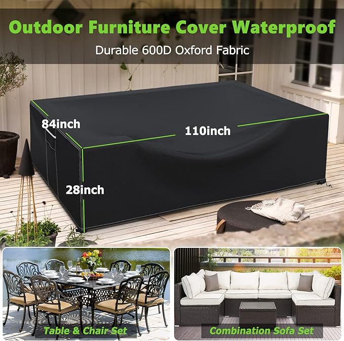 Patio Furniture Covers Waterproof, Heavy Duty 600D Outdoor Furniture Covers for Outside Sectional Sofa Set,Tear Resistance and Anti-UV, Black,110"L x 84"W x 28"H