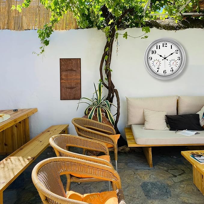 JENLYSTIME 16 Inch Silver Vintage Waterproof Indoor/Outdoor Wall Clock with Thermometer & Hygrometer, Large Numerals & Silent Sweep Movement - Ideal for Porch, Garden, Pool