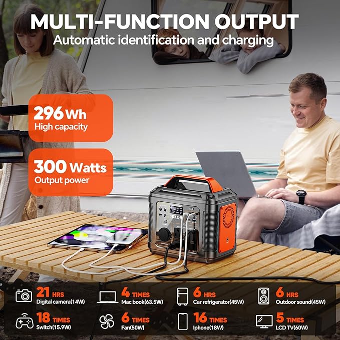 Portable Power Station, 300W 296Wh Solar Generator Quick Charge / 110V AC Outlets/DC Ports and LED Flashlight, solar panel 60W for Home Outdoor Travel Camping Blackout