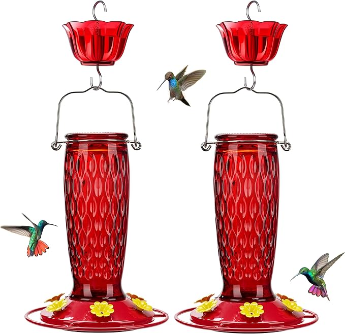 Kingsyard 2 Pack Glass Hummingbird Feeders for Outdoors Hanging, Wild Bird Nectar Feeder with 6 Feeding Ports, 24 oz Leak-Proof, Red (Ant Moat Included)