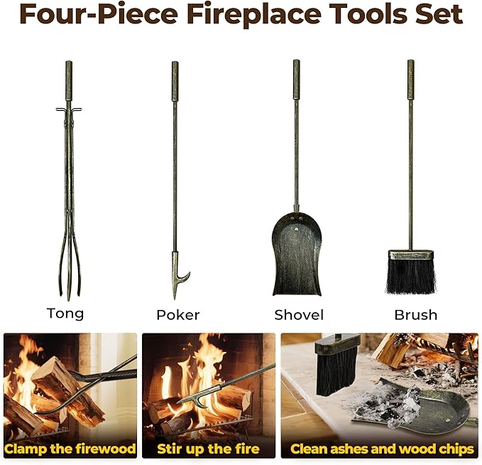 AMAGABELI GARDEN & HOME Firewood Rack Indoor with Tools 5-Piece Fireplace Tools Set Wood Holder Outdoor Wrought Iron Heavy Duty Firewood Storage Rack for Fireplace,Fire Pit,Wood Stove Bronze
