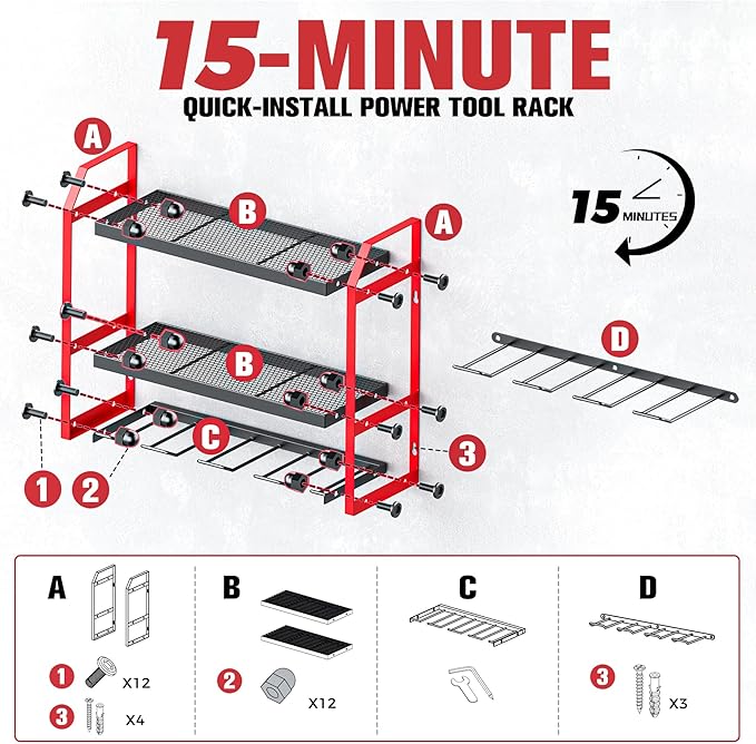 Power Tool Organizer Wall Mount with Extra Drill Holder, Red & Black Garage Storage Combo with Battery Storage, 4 Drill Slots Total, Heavy Duty Steel Tool Rack for Workshop Garage