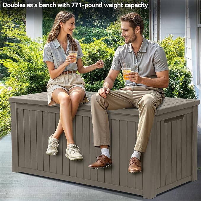 YITAHOME 180 Gallon XL Outdoor Storage Deck Box with Divider, Waterproof & Lockable, Ideal for Patio Furniture and Garden Tools, Resin-Built, Wood-Like Texture, Brown