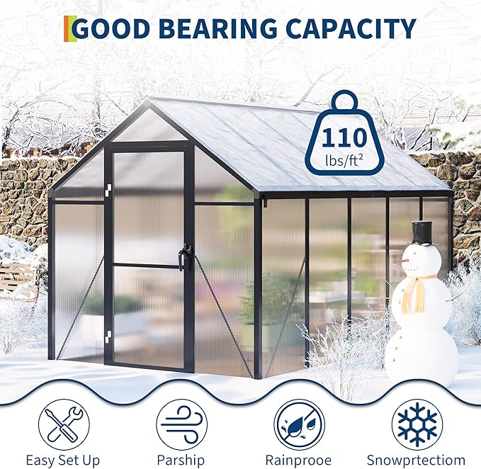 6x10 FT Greenhouse for Outdoors, Polycarbonate Greenhouse with Roof Vent, Ground Nails, Lockable Push Door, Aluminum Large Walk-in Green House for Outside Garden Backyard, Patio, Lawn, Black