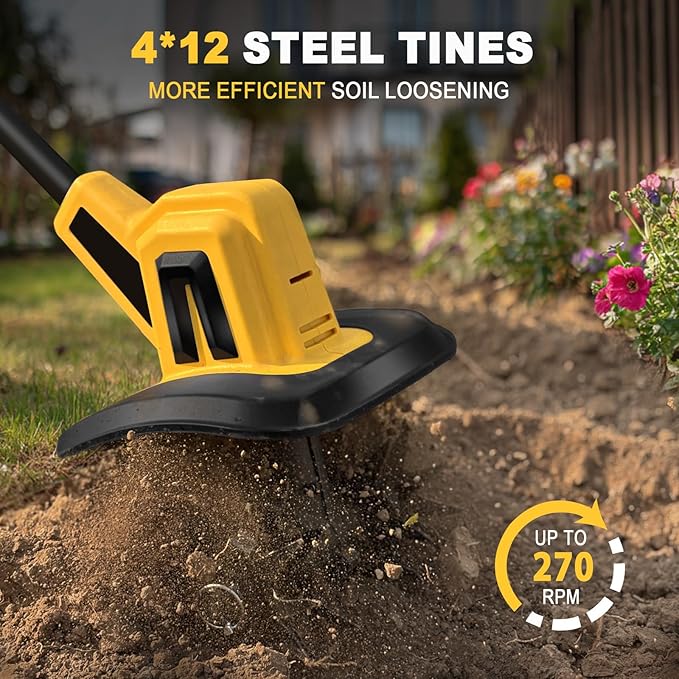 Cordless Garden Tiller Cultivator Compatible with Dewalt 20V MAX Battery, 270 RPM Electric Rototiller, 48 Steel Tines, 8.7" Tilling Width, 6.3" Depth, Rotary Tiller for Lawn/Gardening/Soil(Tool Only)