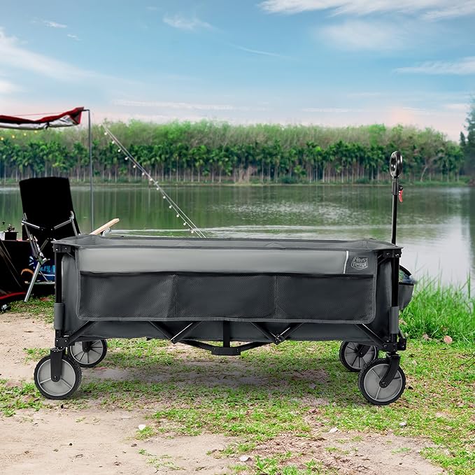 Timber Ridge 51.2'' Extended Collapsible Wagon Cart, 500LBS Heavy Duty Foldable Utility Wagon with Adjustable Handle, 400L Capacity Portable Cart with Cargo Net for Camping Sports Shopping-Grey