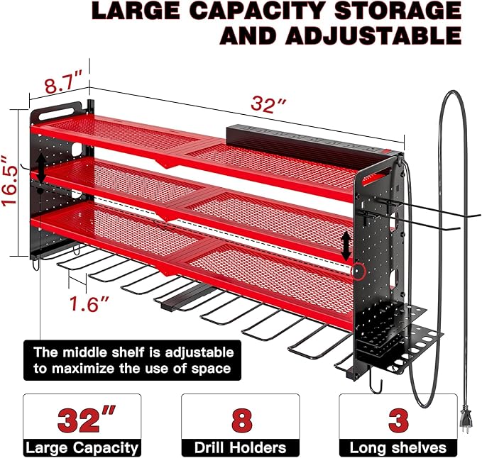 Power Tool Organizer Wall Mount with Charging Station,Cordless Tool Organizer 8 Drill Holder, 4 Layer Storage Rack for Garage Organization,Tool Holder with 8 Outlet Power Strip (Red)