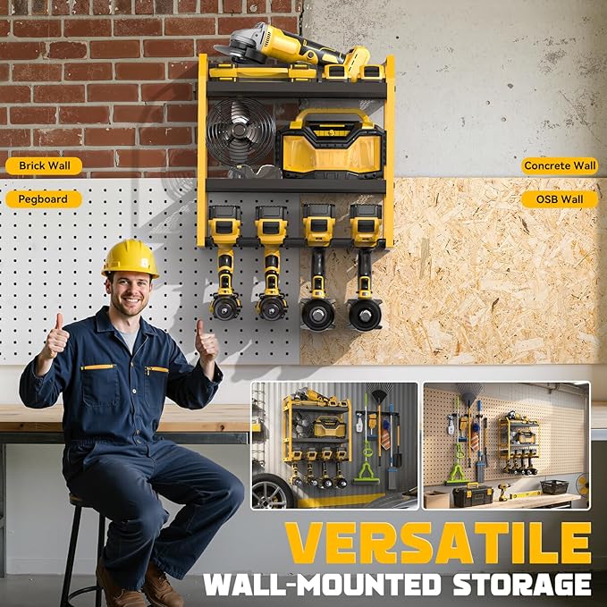 Power Tool Organizer Wall Mount with Broom Holder Combo, Yellow & Black 3-Tier Garage Storage Rack with Battery Storage, 4 Drill Holder Slots, Heavy Duty Steel 150LB Capacity