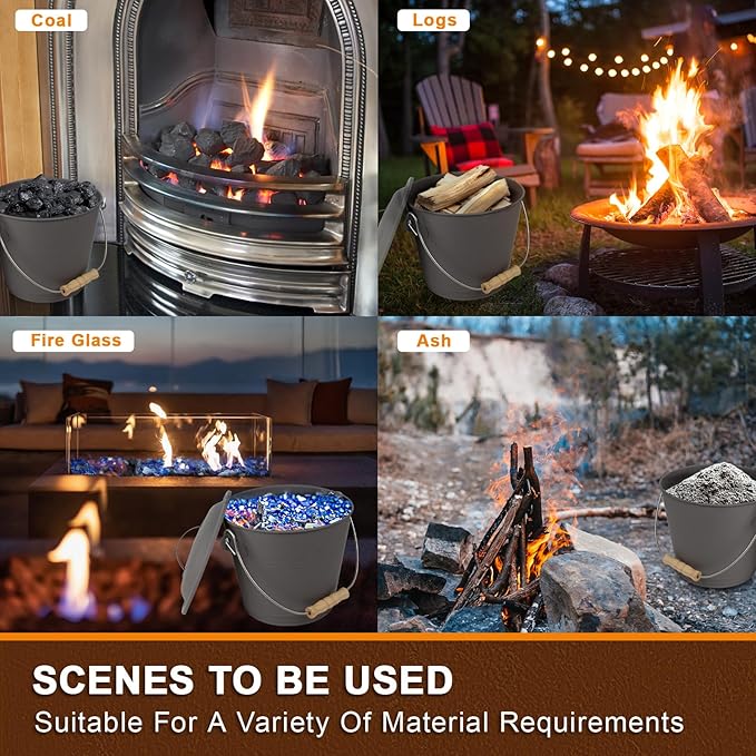 BRIAN & DANY Mini Ash Bucket with Lid and Shovel, 1.3 Gallon Fireplace Metal Bucket with Broom, Coal Bucket Ash Can for Fireplace, Ashes, Fire Pit, Wood Burning Stove, Grey