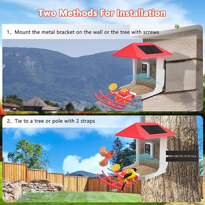 2.5K Smart Bird Feeder with Camera, 5GHz &2.4GHz Birds Watching Camera with AI Identify Bird Species, Outdoor Birds Feeder House with Solar Panel for BirdLovers (Red)