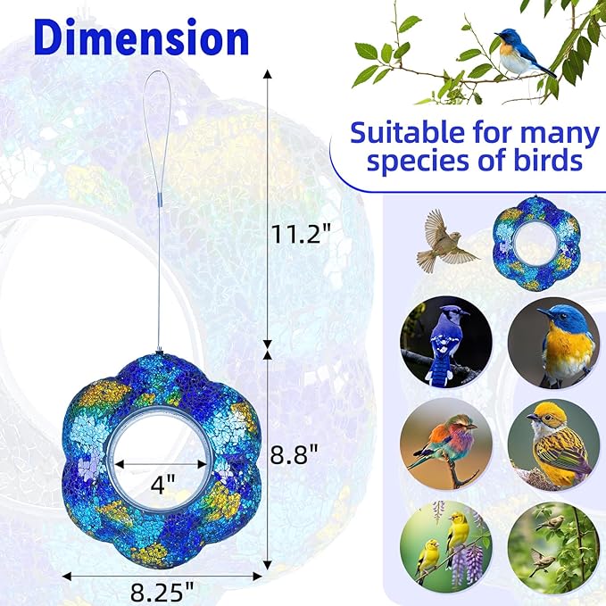 VOREEN Mosaic Bird Feeder, Fly Through Bird Feeders for Outdoor Hanging, Glass Wild Bird Feeder, for Garden Yard Backyard Deck and Porch, Gift for Mom Wife Friend, Blue Flower, 8"