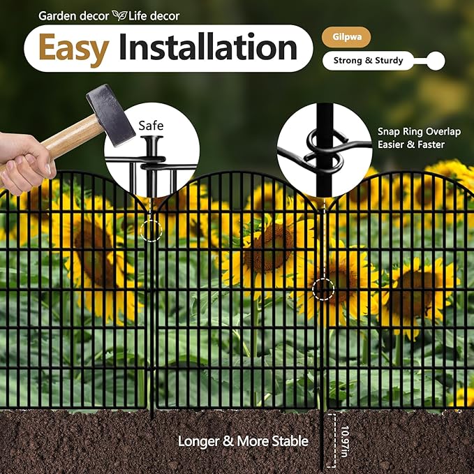 10 Panels Decorative Garden Fence, 40in (H) X 22.31ft (L) No Dig Dog Fences Outdoor for Yard, Rustproof Tall Metal Fencing Panels, Animal Barrier Suitable for Yards Border, Patio, and Outdoor Use